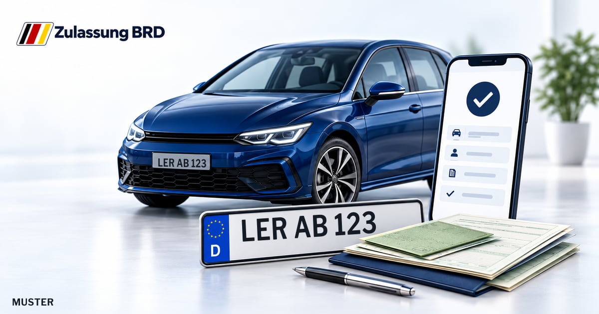 Online Fahrzeugzulassung in Leer: Musterkennzeichen LER AB 123, Auto und Fahrzeugpapiere und Smartphone. Illustration mit Logo von Zulassung BRD.